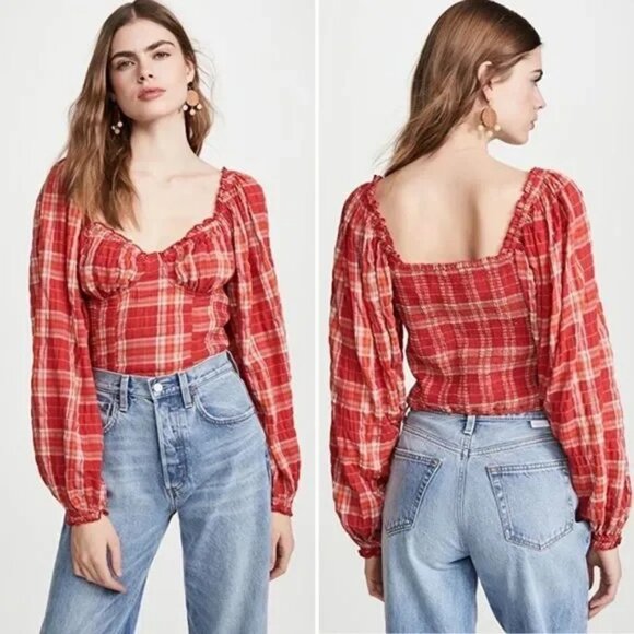 Free People Cherry Bomb Madras Plaid Blouse Top In Red Gingham Plaid Size Large - Picture 2 of 7